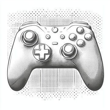 The 1980s and 1990s computer game controller has been reimagined as a modern design element with a distinctive halftone grunge style
