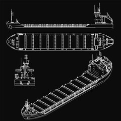 Poster - Detailed blueprint of a large cargo ship on a black background, featuring the hull, superstructure, and intricate design elements. The technical drawing highlights the vessel's complex layout and.