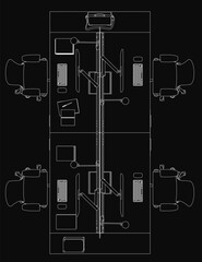 Fototapete - A black and white contour drawing of an office desk with chairs and a computer, arranged symmetrically against a dark background. The detailed illustration features a monitor, table, and chair