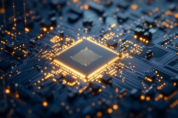 Poster - In a dimly lit room a vintage vacuum tube shines on a cutting-edge circuit board putting electronic components on full display