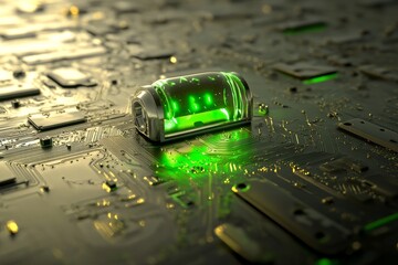 Poster - A glowing green component on a modern circuit board exemplifies the advanced technology and intricate design that defines it