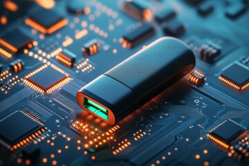 Poster - Detailed view of a computer circuit board with a component that glows green during the assembly stage of a technology product