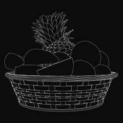 Poster - A black and white drawing of a woven basket overflowing with fresh fruits, including apples, oranges, and grapes, arranged in an artistic composition. The detailed shading creates depth against