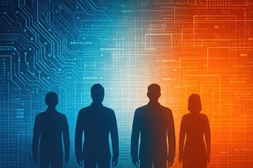 Poster - Four Silhouettes Facing a Blue and Orange Circuit Board Background figures people