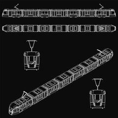 Poster - A detailed blueprint of a subway train on a black background, featuring precise vector lines and technical design elements. The passenger train illustration is clean and scalable