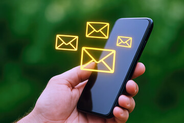 Poster - Hand holding black smartphone with glowing yellow email icons appearing above the screen against a blurred green background