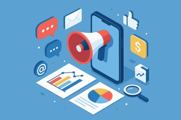 Poster - Isometric Illustration Digital Marketing Overview Smartphone Megaphone Charts Graphs Social MediAIcons