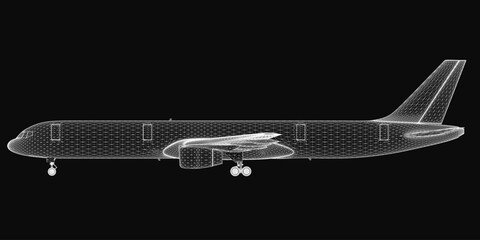 Poster - A 3D wireframe model of an airplane displayed on a black background highlights the aircraft's structural components and intricate design. The transparent mesh reveals the wings, fuselage, and tail.