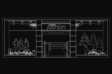 Poster - A black and white fashion store illustration features stylish shoppers standing outside, surrounded by trees and urban details. The dark background enhances the modern, artistic vibe, making it.