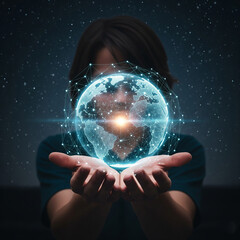 Wall Mural - hands holding digital earth symbol. Holding glowing digital globe world with network connections in open hands.