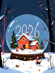 Aufkleber - Snowy glass snow globe with the year 2026 displayed inside