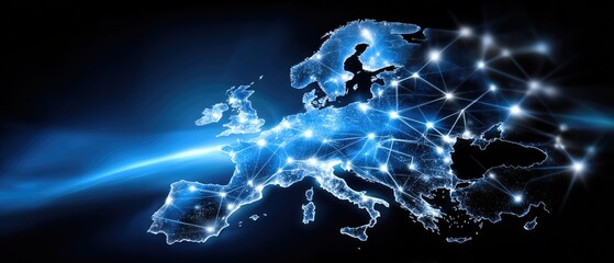 Poster - economy profit founder concept. Digital map of Europe highlighting connections and networks with a blue glow.