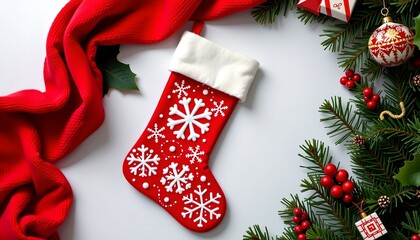 Poster - Festive Christmas stocking decorated with snowflakes, surrounded by festive ornaments and greenery