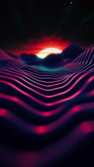 Fototapete - Abstract Sunset Landscape Red Purple Wavy Lines Geometric Patterns