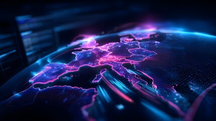 Poster - Glowing World Map with Digital Network Connections