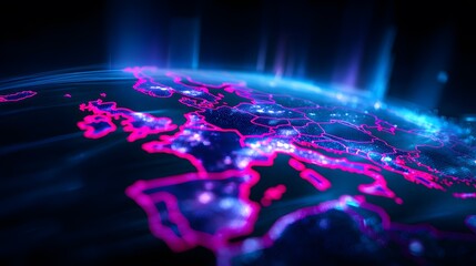 Poster - Glowing Neon Map of Europe and Africa with Futuristic Lighting Effects