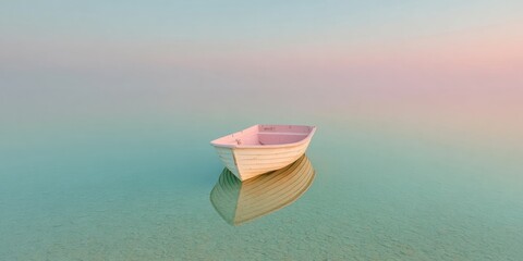 Aufkleber - Minimalist serene saltwater boat floating on calm ocean at dawn with pastel sky for wellness branding and inspirational marketing content