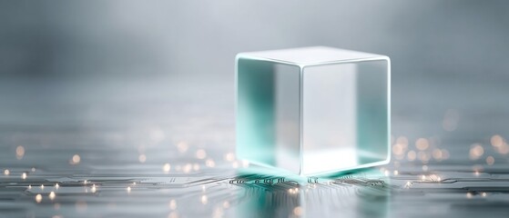Aufkleber - Futuristic Quantum Security Cube on Digital Circuit Board with Glowing Network Connections for Advanced Data Integrity and Tech Innovation Marketing