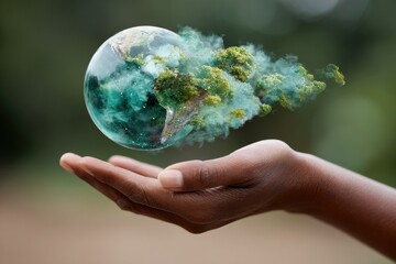 Poster - Sustainable Tech Concept Hand Holding Holographic Earth with Digital Forest Overlay Symbolizing Global Ecology and Environmental Innovation