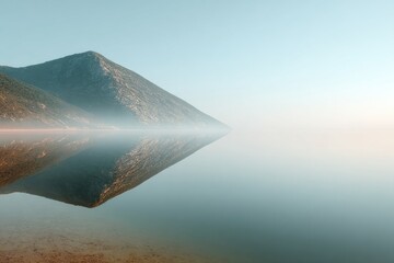 Poster - Misty mountain landscape reflected on calm saltwater ocean surface, serene nature scene embodying stillness and resilience for travel marketing