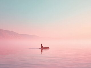 Poster - Serene Saltwater Mist with Lone Orca Swimming near Misty Coastal Cliffs Symbolizing Wildlife Preservation and Natural Balance
