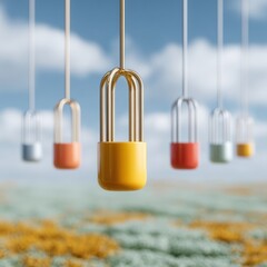 Poster - Minimalist Hanging Colorful Locks in Soft Focus with Natural Background Modern Design Concept for Security and Lifestyle Branding