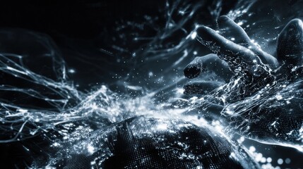Fototapete - Quantum Analytics Hand Mapping Illuminated Network Pathways on Digital Display for Global Data Flow and Real-Time Tech Innovation