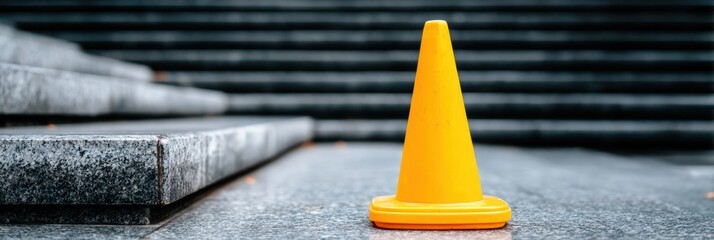 Aufkleber - Urban Safety Alert Cone on Stone Staircase in City Environment Emphasizing Hazard Precaution and Pedestrian Awareness for Public Safety Campaigns