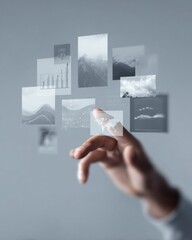 Poster - Futuristic Business Productivity Dashboard with Hand Interaction Showing Digital Charts and Process Diagrams for Operational Excellence and Growth
