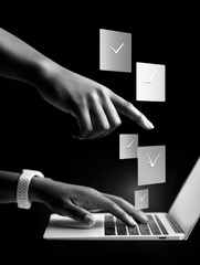 Leinwandbilder - Minimalist Black and White Digital Task Management Interface with Floating Checklists and Clocks for Efficient Productivity and Project Scheduling
