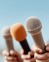 Aufkleber - Press briefing with journalist holding microphones in business attire addressing media, symbolic of news exchange and journalistic inquiry in modern communication