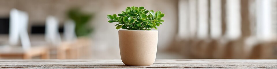 Poster - Minimalist Small Potted Plant on Office Desk Enhancing Modern Workspace with Sustainable Productivity and Fresh Perspectives for Green Office Design