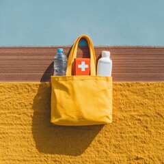Aufkleber - Minimalist Preparedness Kit in Yellow Tote Bag with Water Bottle and First Aid Supplies for Emergency Evacuation and Disaster Safety Awareness