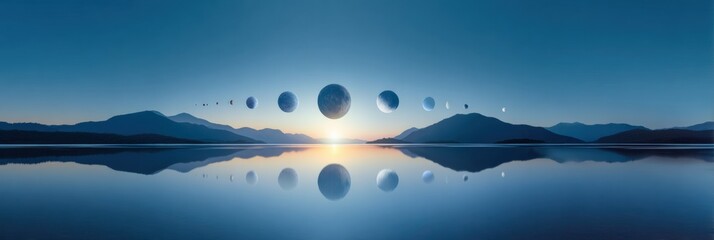 Poster - Cosmic Planet Alignment Over Tranquil Lake at Dusk with Mountain Silhouettes - Inspiring Travel, Exploration, and Awe-Inspiring Natural Wonder