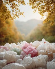Aufkleber - Plastic pollution crisis with piles of discarded plastic bags and bottles in natural autumn forest, urging sustainable recycling and environmental action