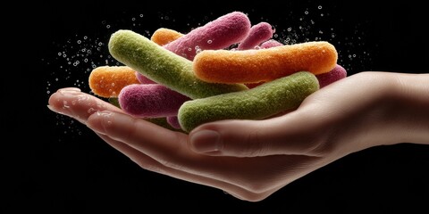 Aufkleber - Futuristic Personalized Nutrition Concept with Digital Microbiome and Floating Colorful Bacteria in Hand for Health Tech Innovation