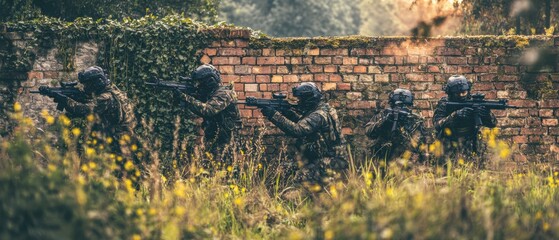 Aufkleber - Tactical Military Team in Camouflage Advancing Cautiously by Overgrown Brick Wall for Defense Training and Operational Readiness with Teamwork Focus