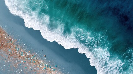 Aufkleber - Coastal microplastics pollution on shoreline with plastic waste debris, aerial ocean view for environmental cleanup and sustainability campaigns