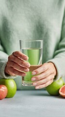 Aufkleber - Cozy Morning Wellness Routine Woman Holding Fresh Water Glass with Fruit in Soft Light for Hydration and Metabolic Balance Promotion