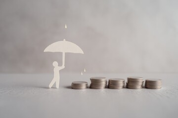 Aufkleber - Minimalist Financial Security Concept with Paper Stick Figure Umbrella Shielding Stacked Coins from Risk - Modern Business Innovation Visual for Loss Mitigation