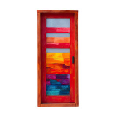 Poster - Vibrant Colorful Door with Artistic Glass Panels in Bright Red Frame Showcasing Stunning Textures and Hues for Unique Interior Design