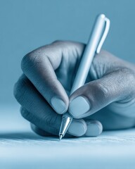 Poster - Close-up of Student Hand Writing on Exam Paper with Pen in Exam Hall, Symbolizing Focus and Academic Assessment for Educational Marketing Campaigns