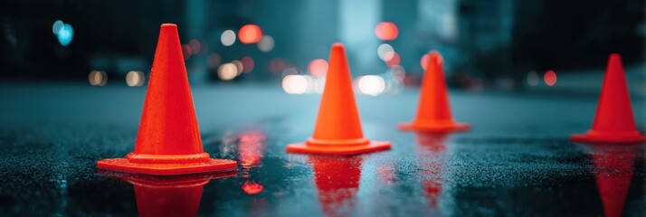Poster - Urban Emergency Closure at Night with Reflective Wet Street and Bright Traffic Cones Signaling Caution for Public Safety and Infrastructure Alerts