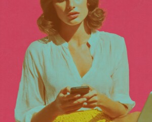 Poster - Retro-Style Woman Using Chatbot App on Smartphone with Laptop Nearby for AI-Powered Digital Communication in Modern Tech Advertising