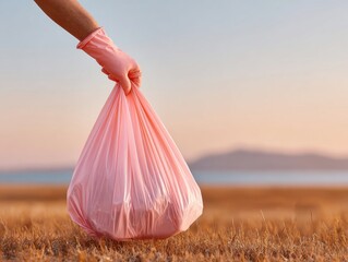 Aufkleber - Environmental Cleanup Effort with Gloved Hand Carrying Plastic Waste Bag in Outdoor Nature Setting Emphasizing Sustainability and Eco Awareness Campaign