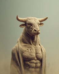 Aufkleber - Powerful Anthropomorphic Bull Statue with Bitcoin Symbol in Minimalist Setting Representing Digital Asset Growth and Bullish Cryptocurrency Market Trends