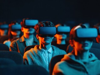 Aufkleber - Immersive Vr Cinema Experience with Group Wearing Headsets in Digital Theater, Showcasing Next-Level Engagement and Modern Movie Technology