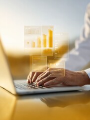 Poster - Healthcare Professional Using Digital Medical Records on Laptop with Holographic Data Charts for Efficient Patient Care and Health Technology Innovation