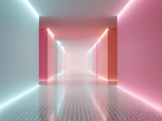 Fototapete - Futuristic digital corridor with glowing data streams and matrix circuit grids illustrating technological evolution and digital security for tech advertising