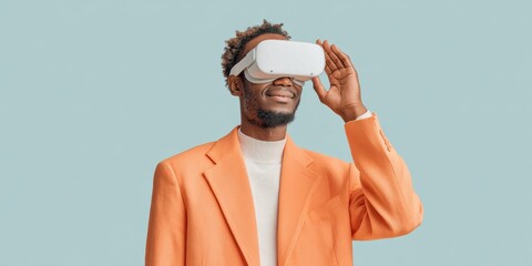 Aufkleber - Afro-American man in business attire using VR headset for immersive virtual meeting in modern office, symbolizing remote collaboration and digital connectivity